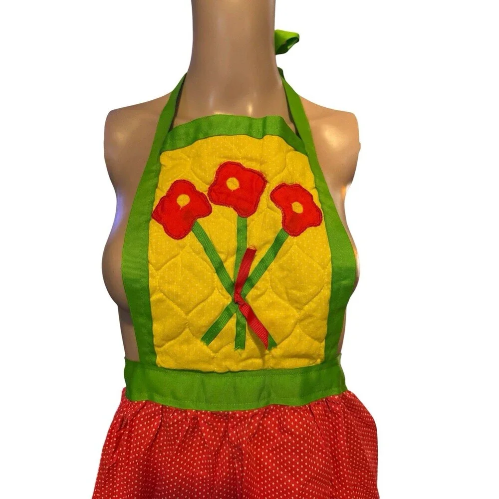 Judy’s Things,VTG Quilted Apron Yellow Red Polka Dots- Red Flowers Bouquet 80s